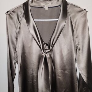 Burberry Satin Tie-Front Blouse in Metallic Gray